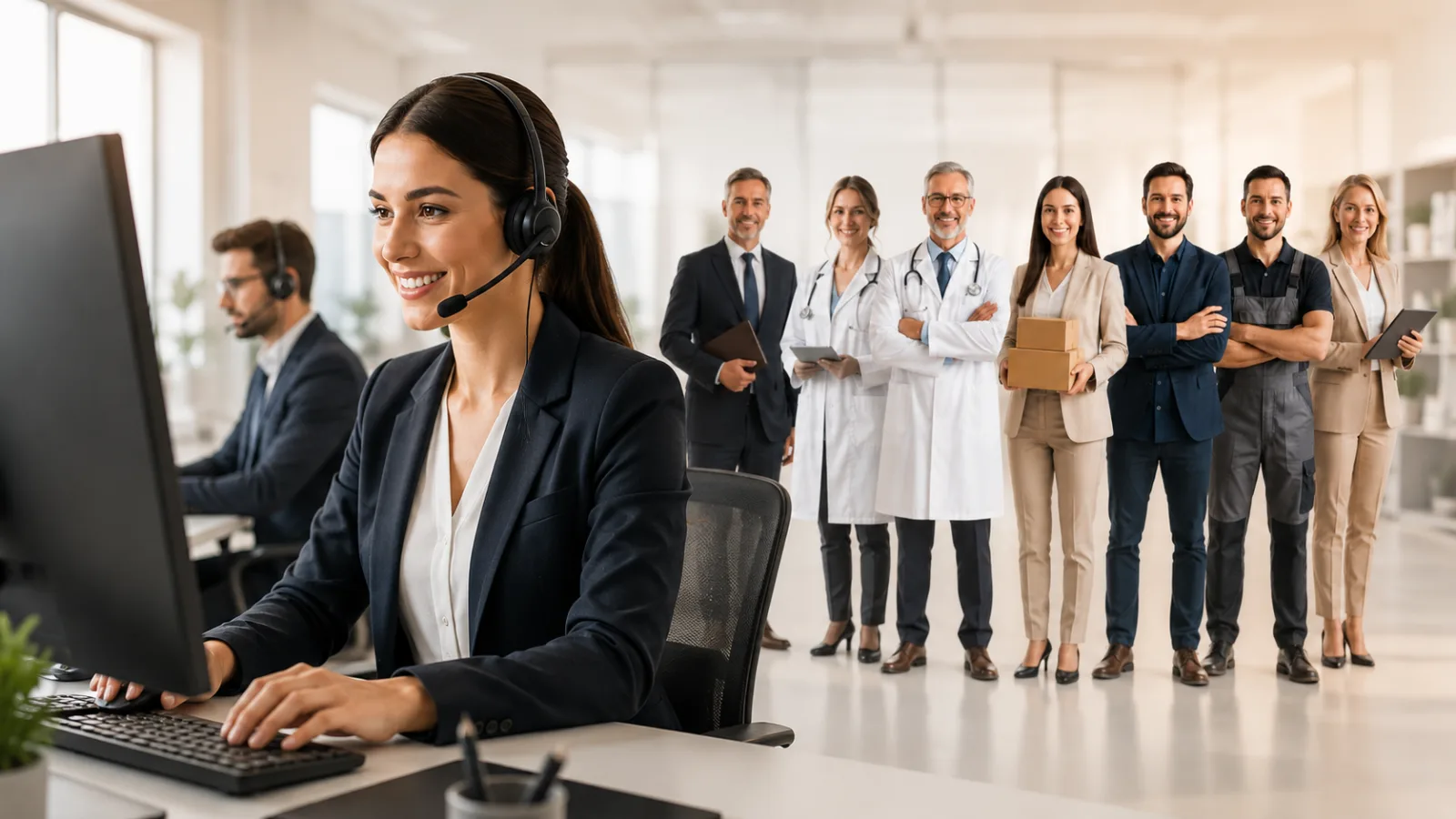 PowerOn Connect Mitarbeiterin am Telefon - dahinter Kunden aus Handwerk, Praxis, Kanzlei und Handel
