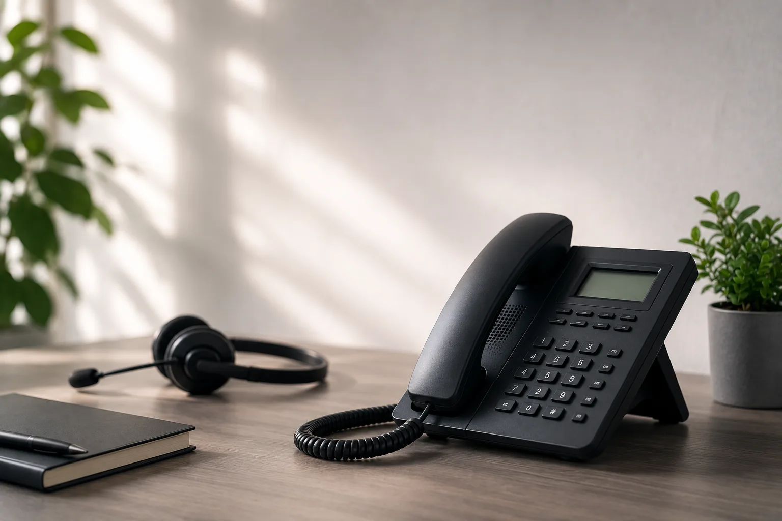 Telefon und Headset auf einem Schreibtisch - Telefonservice von PowerOn Connect